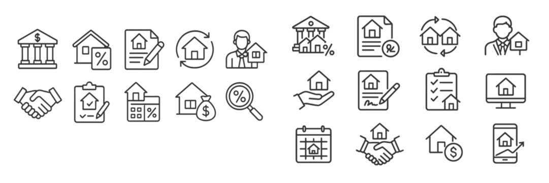 Icons illustrating various aspects of real estate transactions and financial activities related to property management