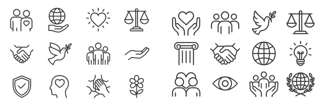 Various line icons representing themes of love, community, peace, balance, and protection, suitable for social initiatives or projects