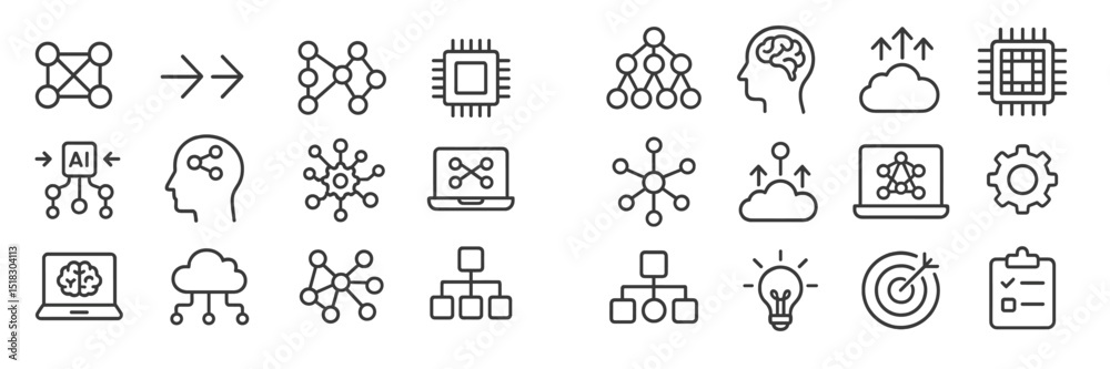 Aufkleber Various symbols representing artificial intelligence, cloud computing, and data structures in a clean design for technology discussions