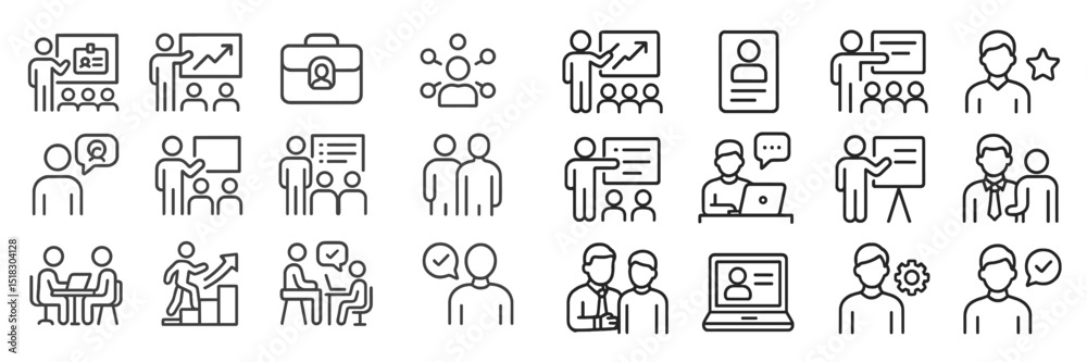 Poster collection of business and teamwork icons representing various workplace activities and interactions