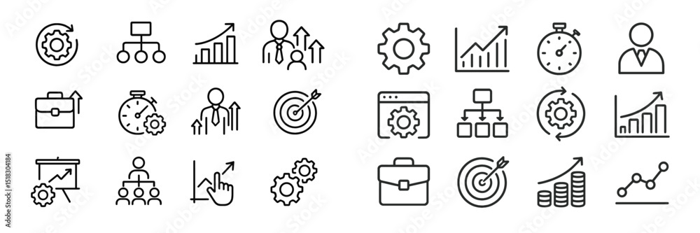 Poster variety of icons representing business concepts, analytics, and performance improvement in a minimal
