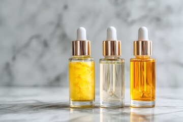Naklejka premium Essential Oils in Stylish Glass Bottles on a Marble Background