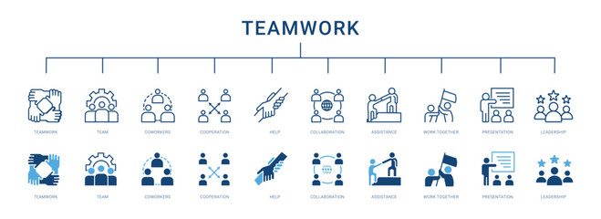 Teamwork and Business People thin line and flat icons set. Teamwork icon collection. Business icons. Team signs. Vector illustration