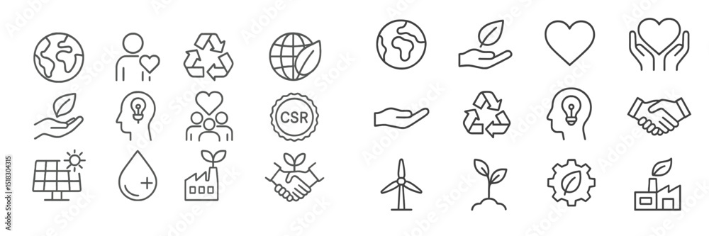 Poster Collection of eco-friendly and sustainable development icons representing various green initiatives and practices for environmental awareness
