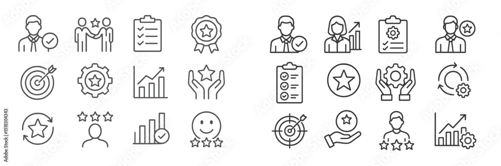 Poster icons representing achievement, teamwork, analysis, and satisfaction for visual communication in mod