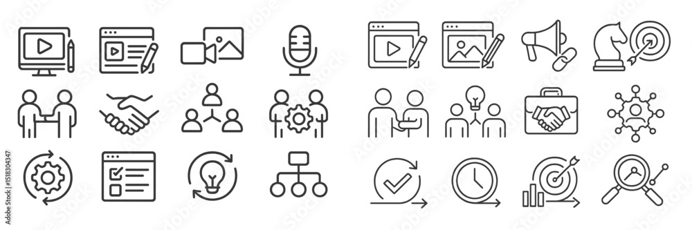 Poster graphic representation of various icons depicting digital media and collaboration tools for business