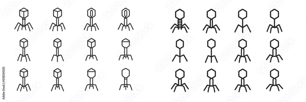 Poster Various types of bacteriophages depicted in a grid layout showcasing their structural features and shapes