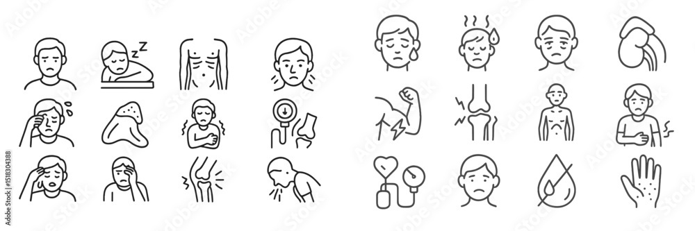 Poster illustrations of various emotions and physical conditions depicting health concerns and feelings of 