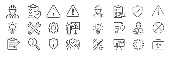 Safety symbols and icons representing workplace hazard identification and management in a construction environment