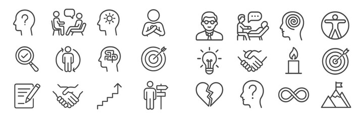 Collection of diverse icons representing human interaction, emotion, and personal growth in a modern design