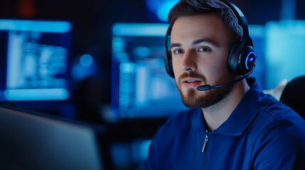 Help Desk Operator Providing Tech Support - A focused IT specialist wearing a headset provides technical assistance, symbolizing expertise, problem-solving, communication, support, and technology