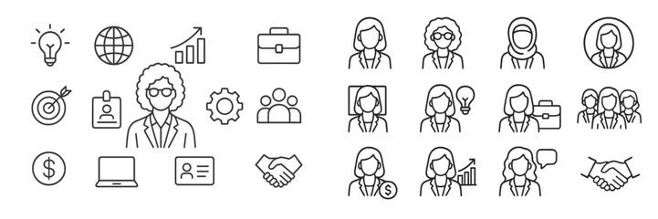 Business illustration with diverse professional icons representing teamwork, goals, and success in a modern workspace
