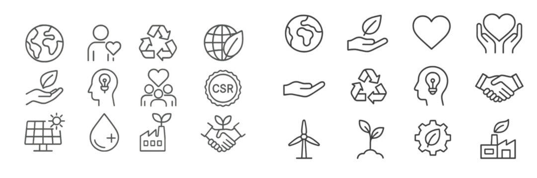 Collection of eco-friendly and sustainable development icons representing various green initiatives and practices for environmental awareness