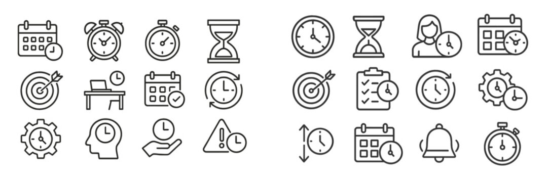 Collection of time-related icons representing various scheduling and management concepts