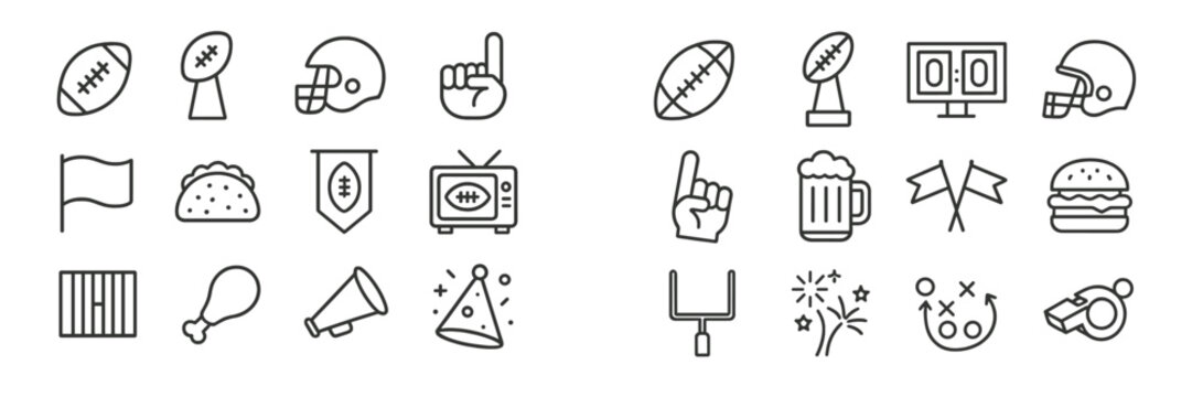 Football celebration icons including food, drinks, and game accessories for a festive atmosphere