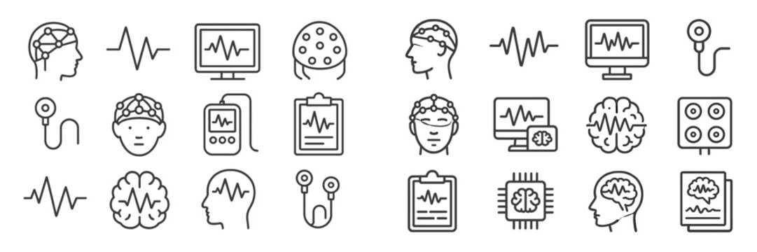 Illustrations of brain activity monitoring tools and technology used in neurology and cognitive research settings