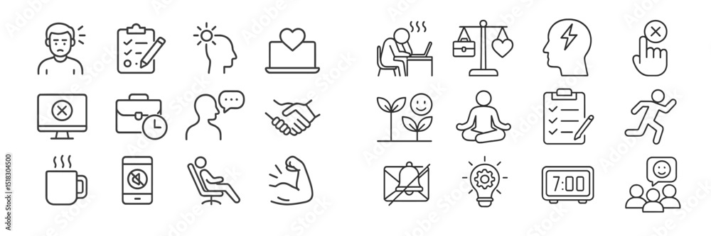 Poster Collection of simple icons representing various emotions, work activities, and wellness practices in a minimalist style