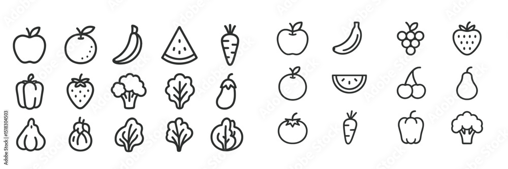 Poster various fruit and vegetable icons arranged in a neat grid layout on a light background, showcasing s