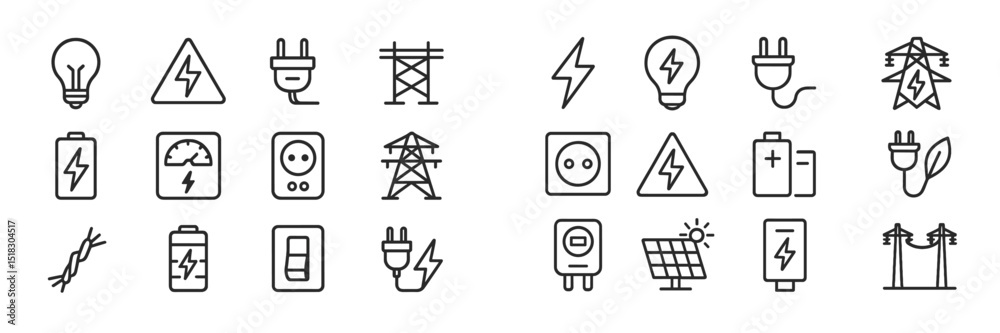 Poster Icons representing various energy sources and electrical elements in a simple line design style