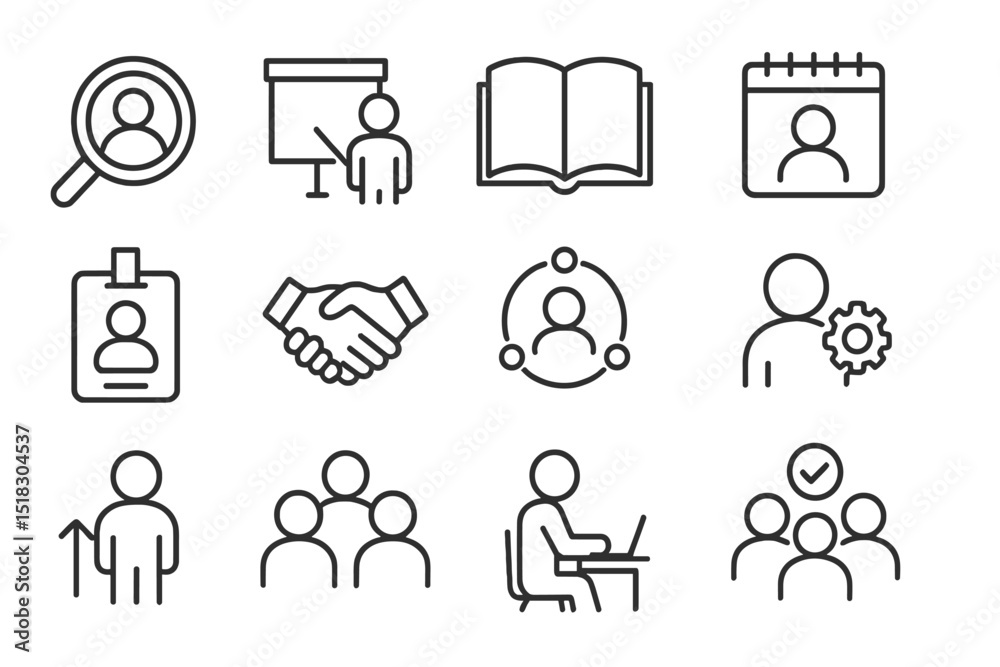 Poster exploring teamwork and collaboration through diverse professional icons in a modern workspace