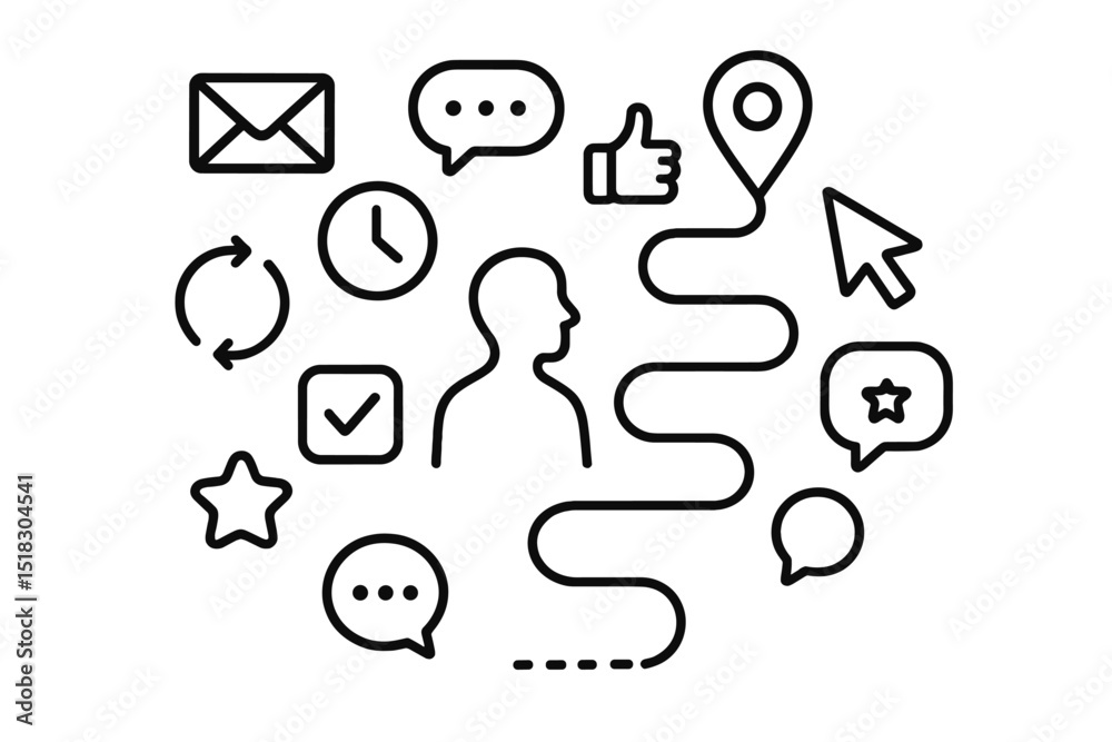 Aufkleber infographic illustrating communication and navigation concepts with various symbols and icons