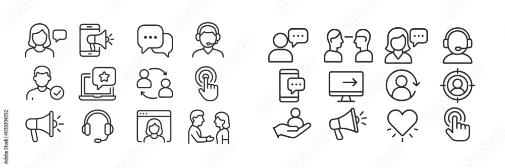 Poster Collection of line icons representing communication and customer service concepts in a modern digital environment