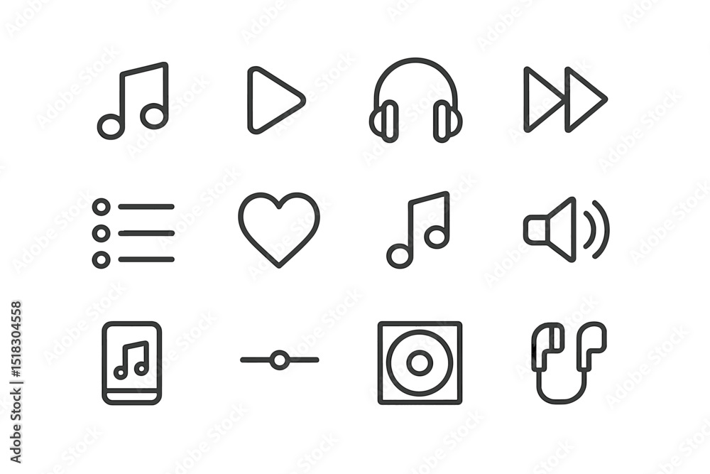 Poster collection of music icons showcasing various elements like notes, headphones, and playback controls 