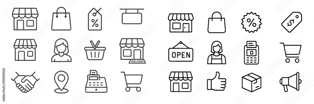Poster icons representing shopping activities and retail elements for online and physical stores in a minim