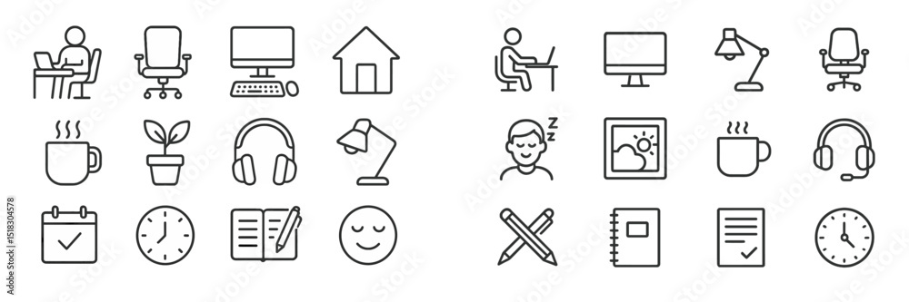 Poster icons representing various aspects of remote work and home office setup for productivity and leisure