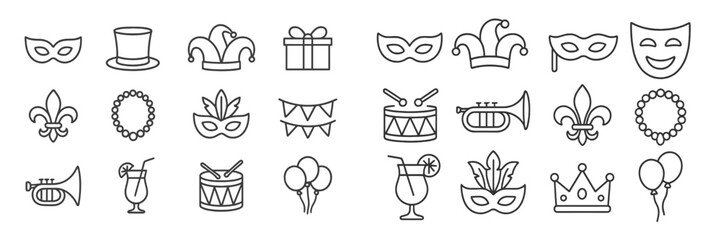 Masquerade elements featuring masks, music instruments, and festive decorations for celebrations