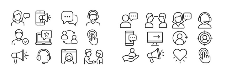 Collection of line icons representing communication and customer service concepts in a modern digital environment