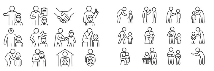 Various icons depicting different interactions between adults and children in educational and nurturing contexts