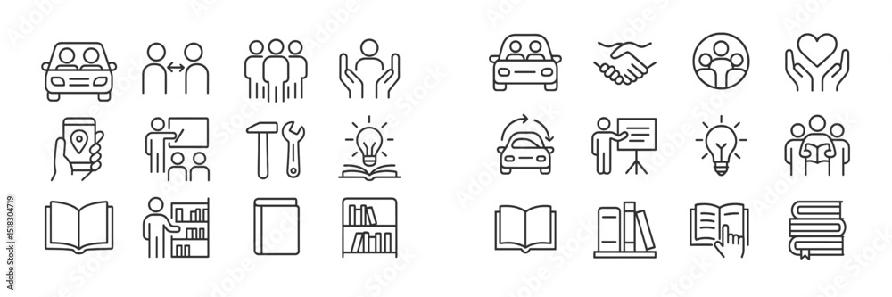 Poster line art icons representing various activities, teamwork, and services in diverse contexts for use i