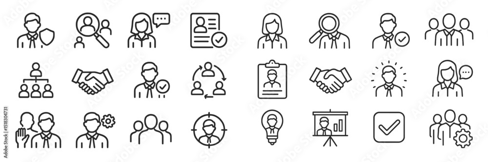 Poster various icons representing teamwork, collaboration, and professional development in a modern workspa