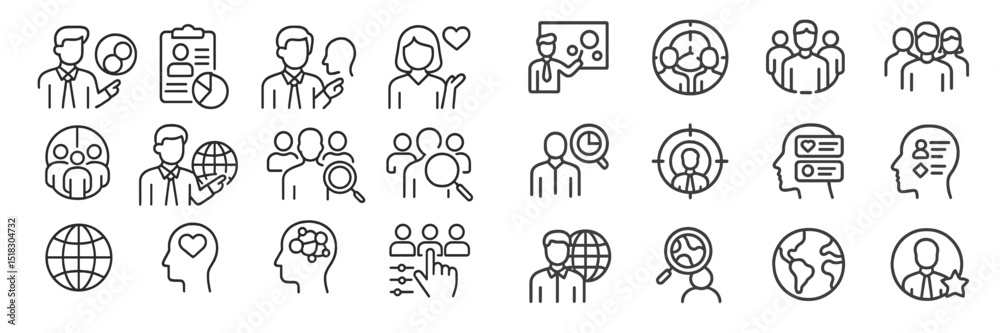 Aufkleber icons illustrating various aspects of teamwork, communication, and data presentation in a modern wor