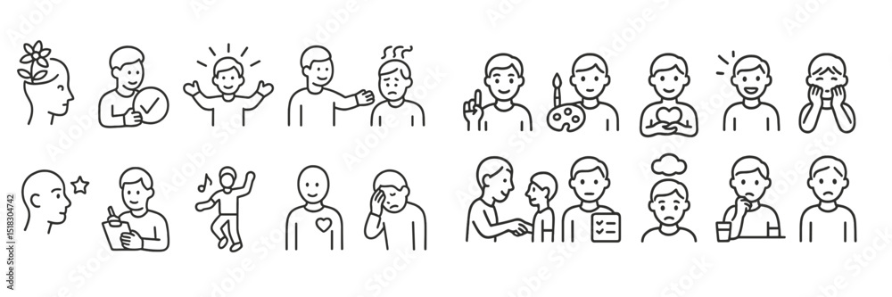 Aufkleber emotions illustrated through simple line drawings showcasing various human expressions and activitie