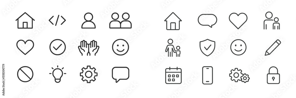Poster collection of minimalistic icons representing various concepts and activities for digital design pur