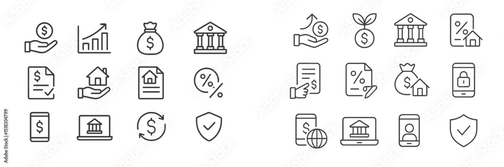 Poster financial icons depicting banking services and monetary transactions in minimalistic design