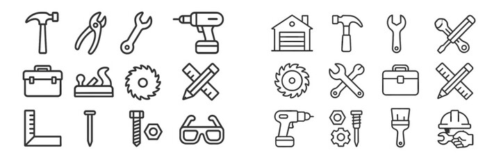 Collection of hand tools and construction symbols for DIY projects and home renovations in black and white design