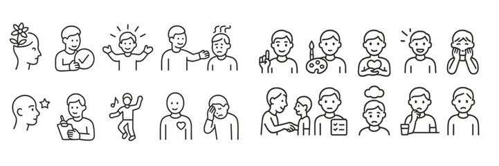 Emotions illustrated through simple line drawings showcasing various human expressions and activities in a creative and engaging way