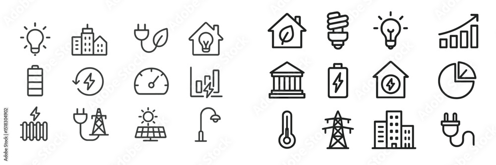 Poster energy-saving icons and symbols illustrating sustainable practices and technology for buildings and 