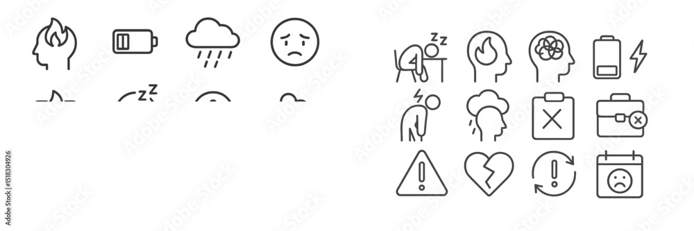 Poster collection of minimalist outline icons representing various emotions and states of well-being on a w