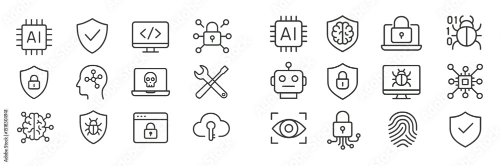 Aufkleber Collection of cybersecurity and artificial intelligence icons designed in a minimalist style for technology concepts