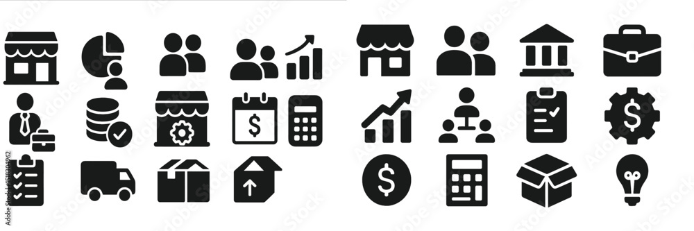 Poster visual representation of business concepts and activities focusing on growth, finance, and teamwork 
