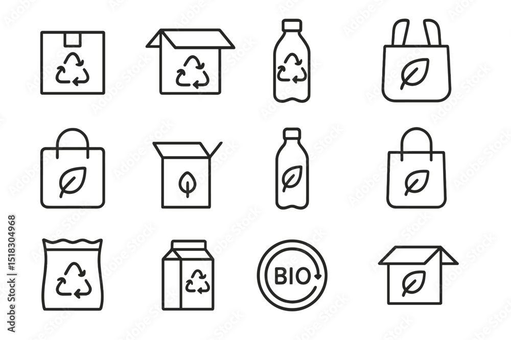 Poster recycling symbols for eco-friendly packaging materials displayed in a grid layout