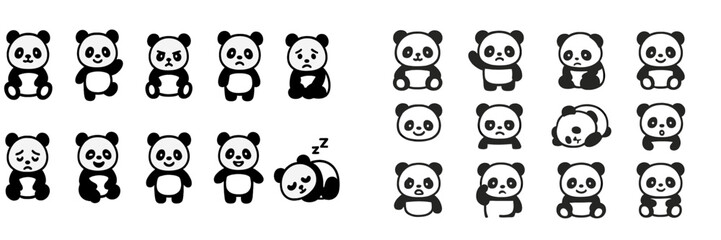 Fototapeta premium Cute panda illustrations expressing various emotions and activities in playful black and white style