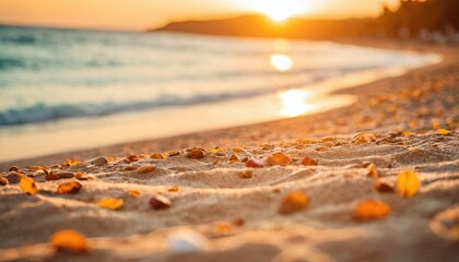 Obraz premium Golden sunset over a tropical beach with palm trees 2