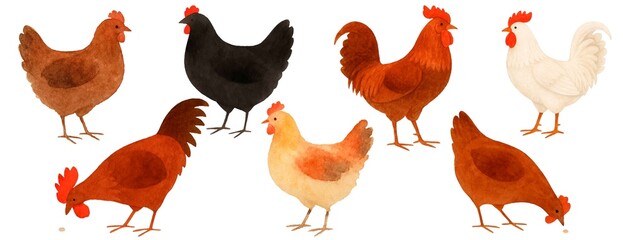 Freehand set minimalistic watercolor illustration of a chicken and cock isolated on a white background. Hand drawn a child's  watercolour drawing of a ornament chick. Clipart farm animal for design. © Julia