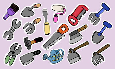 Colorful gardening tools on purple background