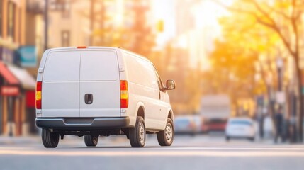 Delivery van drives down a busy street during sunset in an urban area